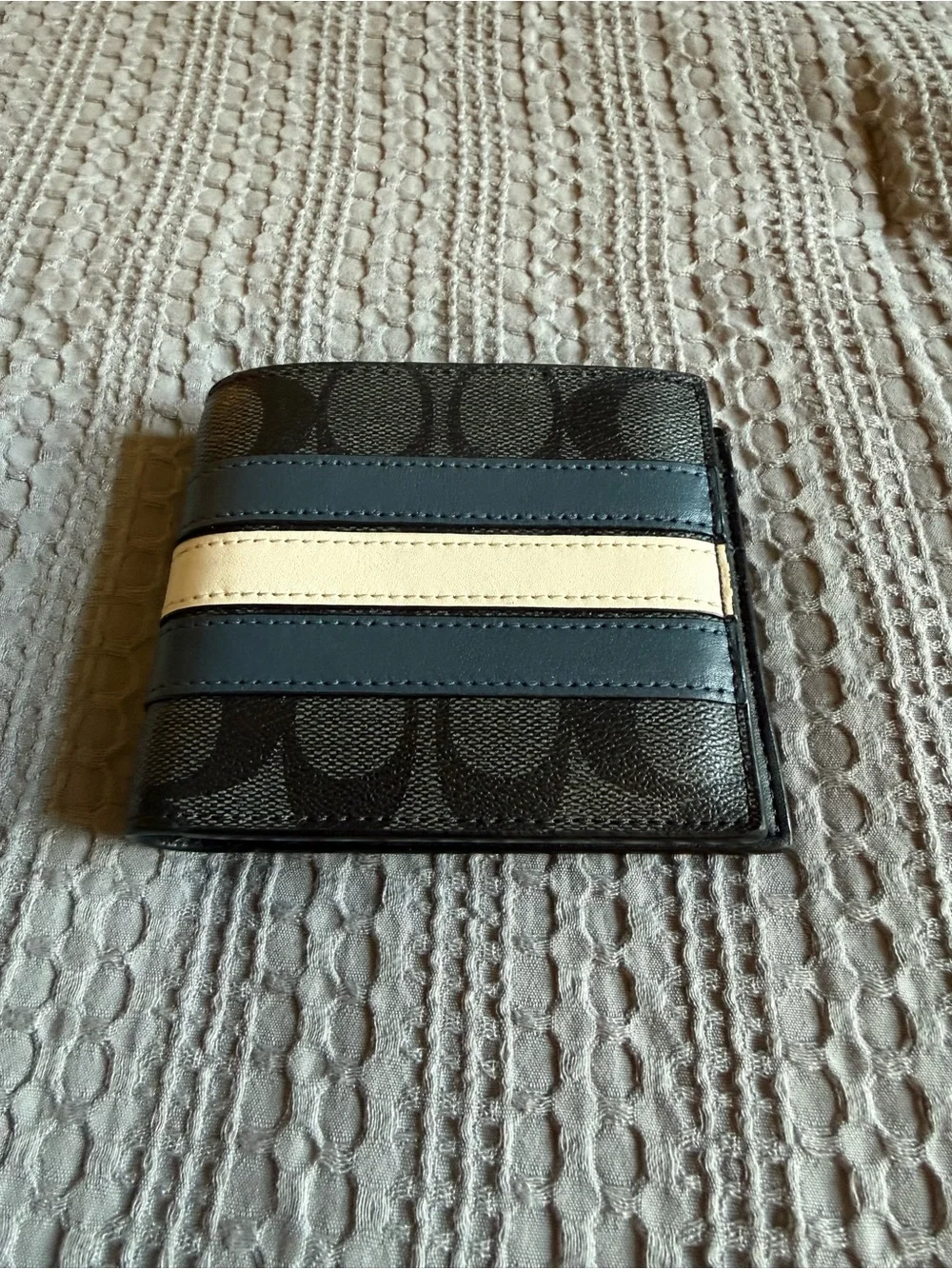 Coach Men's Bifold Wallet in Black, Navy and Cream Stripe